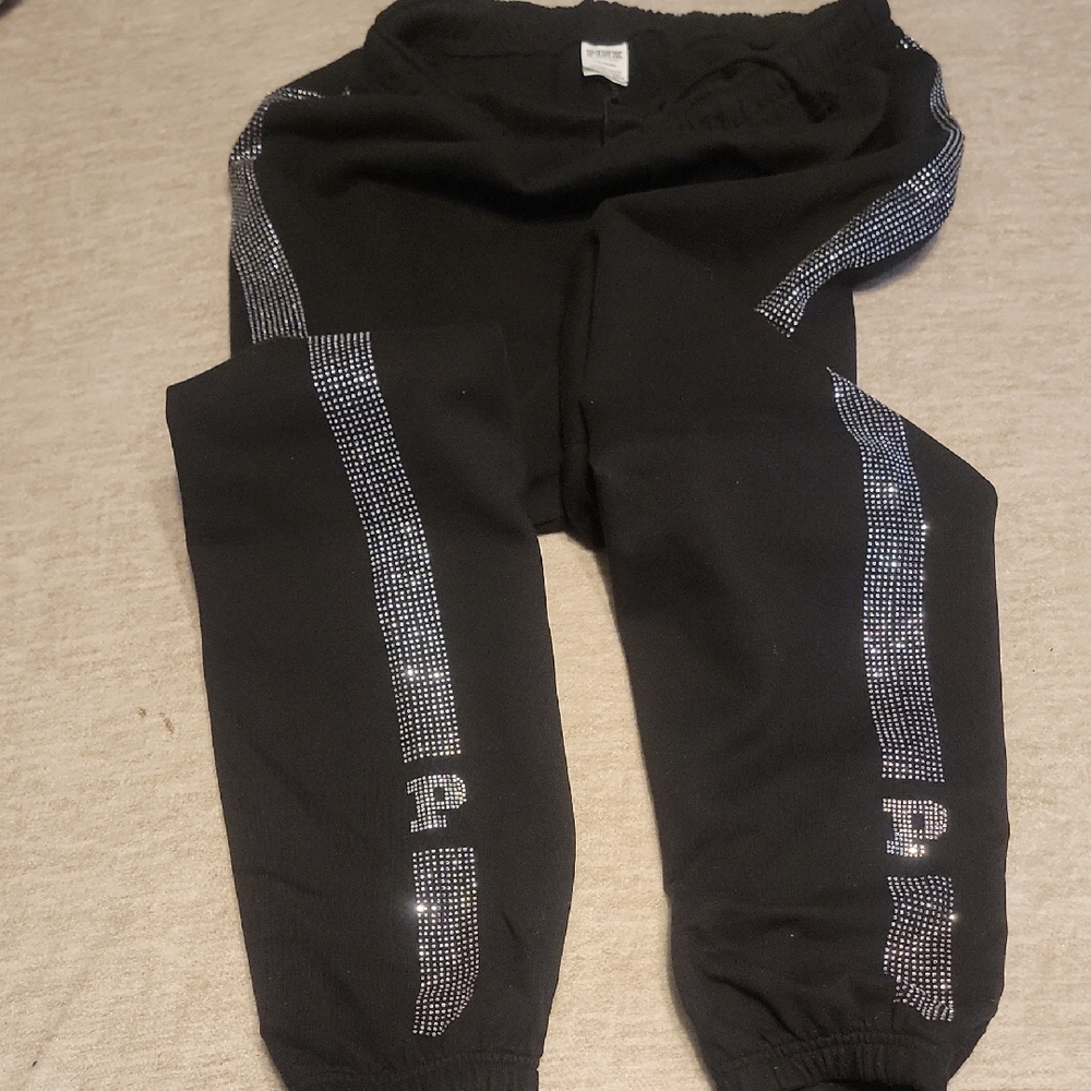 Black Pink Rhinestone-Trim Sweatpants